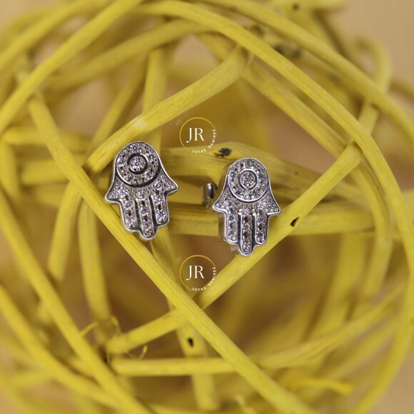 925 Sterling Silver CZ Hamsa Hand of Fatima • Good Luck & Protection Studs. - Picture 2 of 7